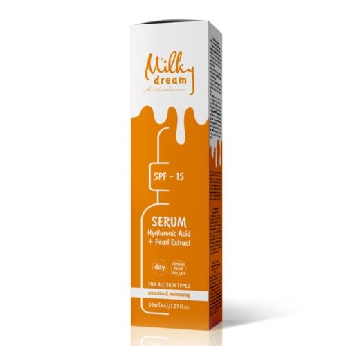 Serum bottle with peptides and retinol product packaging on modern acrylic transparent blocks with shadows from sun, cosmetic mockup on geometric stand, pedestal, cosmetics podium Сироватка-догляд для обличчя "SPF 15 Захист та Зволоження", 30 мл Milky Dream