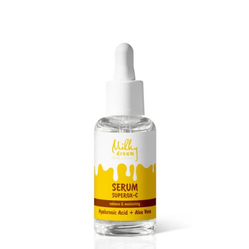 Serum bottle with peptides and retinol product packaging on modern acrylic transparent blocks with shadows from sun, cosmetic mockup on geometric stand, pedestal, cosmetics podium Сироватка-догляд для обличчя "Сяяння та Зволоження" SUPERОX-C , 30 мл Milky Dream
